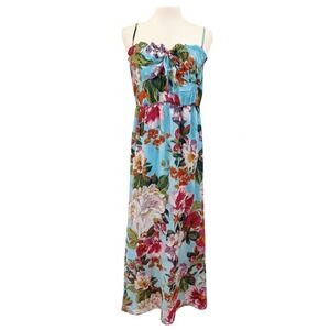 Minette Blue Floral Maxi Dress Women's L Spaghetti Strap Summer Vacation Dress